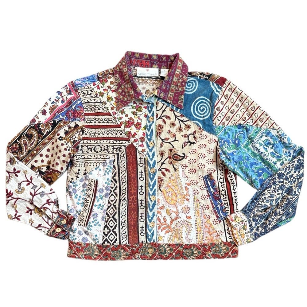 Sacred Threads Cropped Jacket Women’s S Boho Patchwork Festival Floral Top